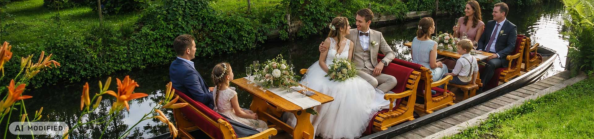 Hochzeit im Spreewald, KI-bearbeitetes Bild – die Personen und die Deko wurden nachträglich digital ergänzt